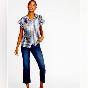 Plaid linen cotton blend top